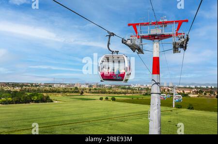 Mannheim, Germany - 26 May 2023: Ropeway connecting parks during federal horticulture and garden shows (Bundesgartenschau BUGA) Stock Photo