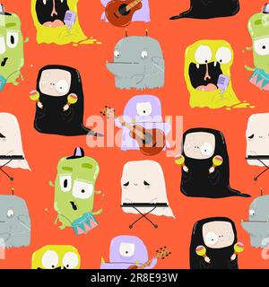 Seamless Pattern with Funny Halloween Monsters Band playing Crazy Music Stock Vector