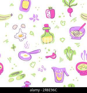 Seamless vector background with various fruits and vegetables. Good for cafe menu background, restaurant, healthy food concept, juice bar illustration. Vegetarian colored texture. Great summer tile. Stock Vector