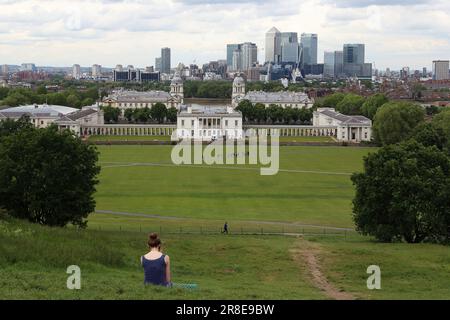 LONDON, GREAT BRITAIN - MAY 20, 2014: It is an aerial view of Maritime Greenwich and skyscrapers of Canary Wharf disctict. Stock Photo