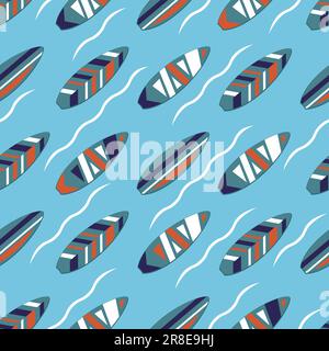 Surfboards on the sea cartoon summer seamless pattern. Sea surfing boards. Beach vacation travel, surf vector print. Summertime fabric Stock Vector