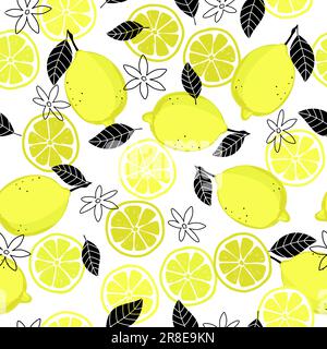 Lemons seamless pattern. Ripe lemon and lemon slice with flowers and leaves on white background. Stock Vector
