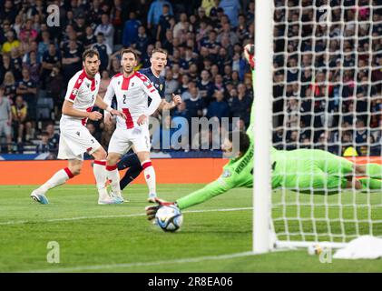 GLASGOW, SCOTLAND - JUNE 20: Scotland midfielder, Scott McTominay, comes close during the UEFA EURO 2024 qualifying round group A match between Scotland and Georgia at Hampden Park on June 20, 2023 in Glasgow, Scotland. (Photo by Ian Jacobs/MB Media/) Stock Photo