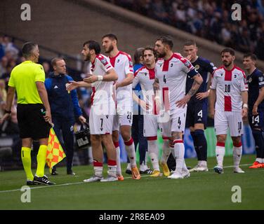 GLASGOW, SCOTLAND - JUNE 20: Georgia midfielder, Khvicha Kvaratskhelia, remonstrates with the linesman during the UEFA EURO 2024 qualifying round group A match between Scotland and Georgia at Hampden Park on June 20, 2023 in Glasgow, Scotland. (Photo by Ian Jacobs/MB Media/) Stock Photo