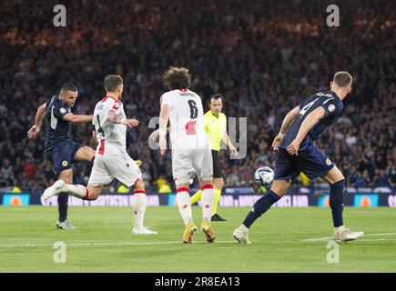 GLASGOW, SCOTLAND - JUNE 20: Scotland midfielder, John McGinn, comes close during the UEFA EURO 2024 qualifying round group A match between Scotland and Georgia at Hampden Park on June 20, 2023 in Glasgow, Scotland. (Photo by Ian Jacobs/MB Media/) Stock Photo