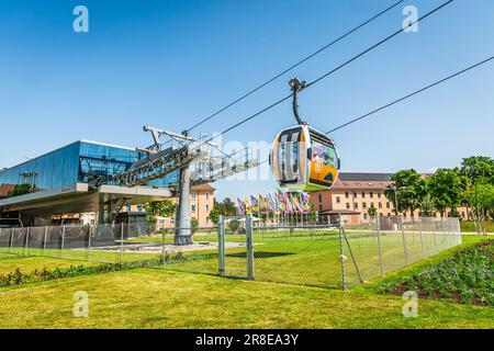 Mannheim, Germany - 26 May 2023: Ropeway connecting parks during federal horticulture and garden shows (Bundesgartenschau BUGA) Stock Photo