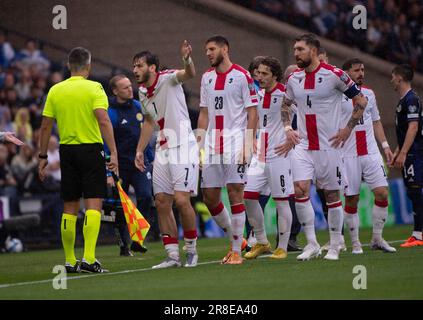 GLASGOW, SCOTLAND - JUNE 20: Georgia midfielder, Khvicha Kvaratskhelia, remonstrates with the linesman during the UEFA EURO 2024 qualifying round group A match between Scotland and Georgia at Hampden Park on June 20, 2023 in Glasgow, Scotland. (Photo by Ian Jacobs/MB Media/) Stock Photo