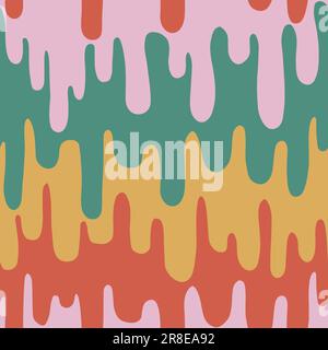 1970 Retro Trippy Seamless Pattern. Vintage Fluid in Green, Pink, Yellow and Red Colors. Vector Hippie Aesthetic. Flat Design. Texture with Flowing Waves. Abstract Vector Swirl Background. Stock Vector