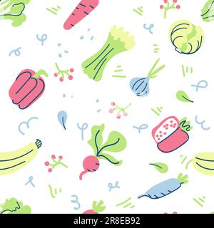 Seamless vector background with various fruits and vegetables. Good for cafe menu background, restaurant, healthy food concept, juice bar illustration. Vegetarian colored texture. Great summer tile. Stock Vector