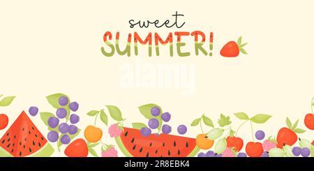 Sweet summer. Horizontal seamless border background with summer berries and lettering with watermelon pattern. Vector illustration. Banner in cartoon Stock Vector