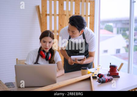 Carpenter work at workshop. Small business and craft product concept. Stock Photo
