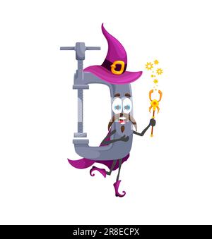 Cartoon Halloween clamp tool wizard character. Isolated vector clasp or jaw workshop instrument holding magic wand ready for party. Construction equipment warlock casting dark incantation or spell Stock Vector