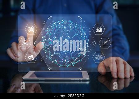 Big data analytics visualization technology with data scientist analyzing information on virtual screen with machine learning and AI. Data science, bu Stock Photo