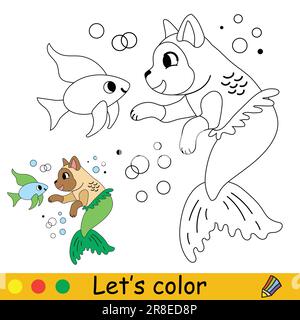 Cute cat mermaid and fish. Vector cartoon illustration. Kids coloring page with a color sample. For print, design, poster, sticker, card, decoration a Stock Vector