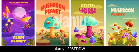 Fantastic mushrooms posters. Mystery magic space fungus planet background, bizarre alien mushroom flyer and groovy psychedelic trippin sticker vector Stock Vector