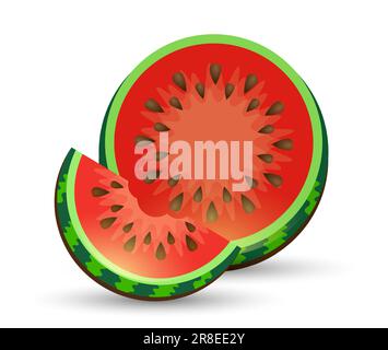 Watermelon and juicy watermelon slice vector illustration in flat design isolated on white. Vector illustration logo for whole ripe red fruit watermel Stock Vector