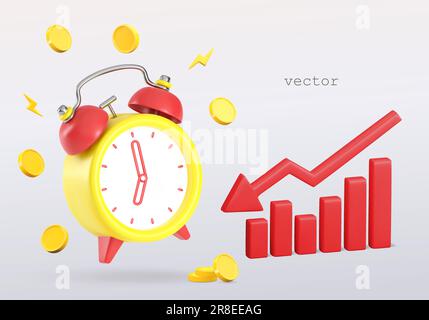 Vector 3d red chart arrow, ringing alarm and flying coins. Red falling down stock arrow icon. Financial crisis, downgrade, inflation concept. 3d rende Stock Vector