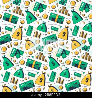 Money rich seamless pattern with cash american money paper green bills, gold coins and bank bags. Ornament for printing on fabric, cover and packaging Stock Vector