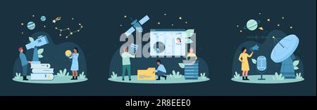 Space communication set vector illustration. Cartoon tiny people look at constellations of night sky through telescope in observatory, connect to satellite and radar with antenna, send message Stock Vector