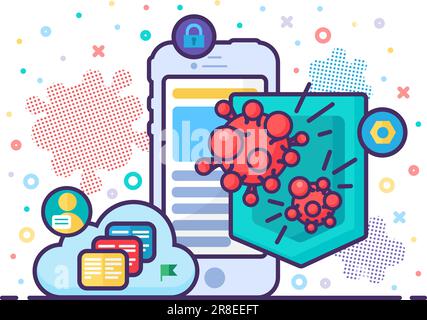 Smartphone with reliable data protection against viruses. Antivirus phone software for prevention data theft and cyber crime. Cartoon outline vector c Stock Vector