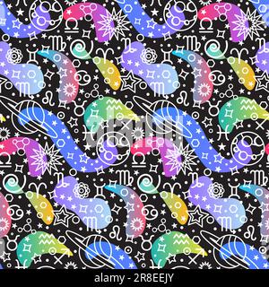 Astrological Zodiac Signs and planets seamless pattern. Astrological forecast. Ornament for printing on fabric, cover and packaging. Line vector isola Stock Vector