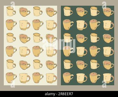 Cups seamless patterns set. Hand drawn sketch design, doodle cartoon style. Gold yellow color palette. Light or dark backround. Vector Stock Vector