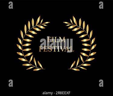 golden text Film Festival with leaf wreath, gold luxury laurel award sign, vector logo design isolated on black background Stock Vector