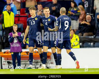 Glasgow, UK. 20th June, 2023. Scott McTominay of Scotland celebrates after scoring 2nd goal with Lyndon Dykes of Scotland and Jack Hendry of Scotland during the UEFA EURO 2024 Quaiifying Scotland V Georgia at Hampden Park Stadium on Tuesday 20 June 2023 (Photo by Alan Rennie /SportPix/Sipa USA) Credit: Sipa USA/Alamy Live News Stock Photo