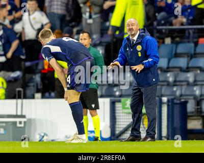 Glasgow, UK. 20th June, 2023. Steve Clarke the head coach of Scotland calms the troops down after the second goal for Scotland during the UEFA EURO 2024 Quaiifying Scotland V Georgia at Hampden Park Stadium on Tuesday 20 June 2023 (Photo by Alan Rennie /SportPix/Sipa USA) Credit: Sipa USA/Alamy Live News Stock Photo