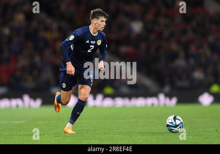 Glasgow, UK. 20th June, 2023. Aaron Hickey of Scotland during the UEFA European Championship Qualifying match at Hampden Park, Glasgow. Picture credit should read: Neil Hanna/Sportimage Credit: Sportimage Ltd/Alamy Live News Stock Photo