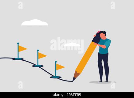 Project progress and workflow at work. A man completes tasks step by step. Track all stages of work and the path to success at work. A man with a penc Stock Vector