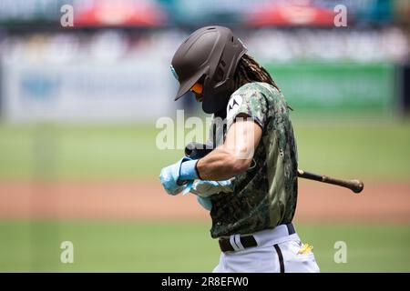 San Diego Padres Jose Azocar takes off his Nike batting gloves