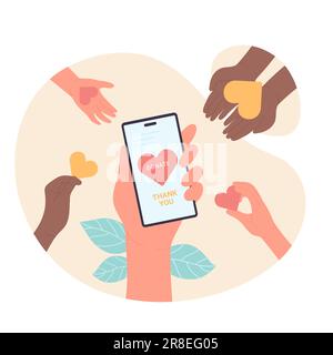 Volunteers donating hearts in charity campaign to help. Hand holding mobile phone with Donate and Thank you text on screen flat vector illustration. Fund, donation app concept Stock Vector