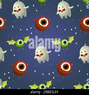 Cute monsters and Halloween ghost pattern on a blue background, suitable for pajamas, children's wallpaper and clothing Stock Vector