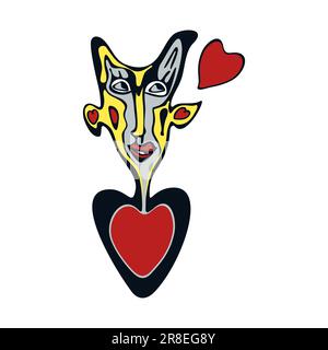 Abstract surrealist character vector illustration featuring a stylized human face with red hearts on a white background. Stock Vector