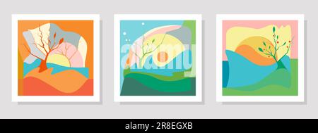 Minimalist abstract seasonal landscape vector set featuring stylized trees, sun, and hills. Stock Vector