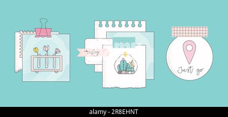 Cute vector illustration with paper notes, tapes, clamp, stickers. Can use for scrapbooking, notebook, planner. Stock Vector