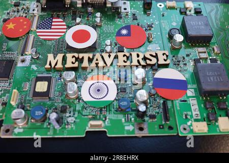 Metaverse characters, motherboard and flag. Theme: Metaverse, high-tech technologies such as semiconductors, and the expectations of each country. Stock Photo