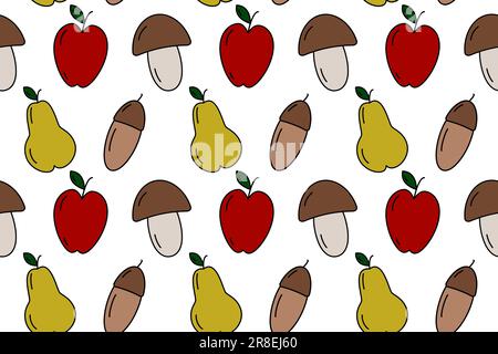 Colorful seamless pattern of seasonal fruits as mushroom, apple, pear and acorn. Thanksgiving day. Vector. EPS. Isolate. Design for wrapping, wallpape Stock Vector
