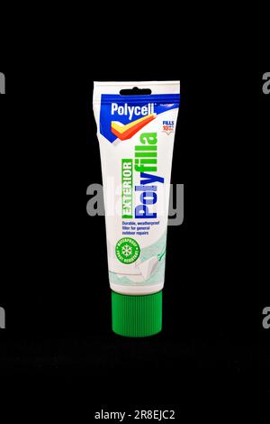 Irvine, Scotland, UK-March 12, 2023: Polycell branded exterior polyfilla In a plastic tube and cap that is recyclable and displaying relevant informat Stock Photo