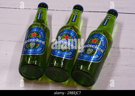 Irvine, Scotland, UK-March 12, 2023: Heineken branded 0.0 alcohol free pure malt lager in glass bottles that are recyclable and soon to be included in Stock Photo