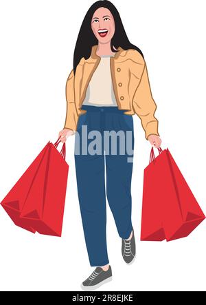 Fashionable woman holding red shopping bag, smiling cheerfully on white background. Stock Vector