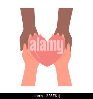Charity concept, hands holding heart together. Volunteers giving support, assistance and care flat vector illustration Stock Vector
