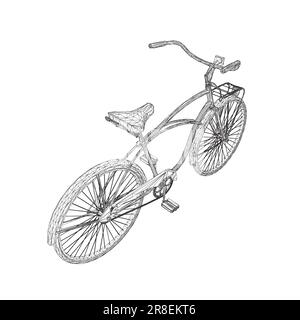 Wireframe vintage bicycle, vector. Black and white retro bicycle. 3D. Stock Vector