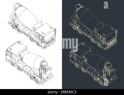 Stylized vector illustrations of isometric blueprints of concrete mixer truck Stock Vector