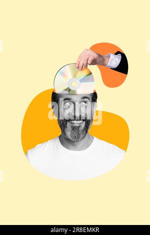 Vertical collage artwork image of positive cheerful man smiling listening favorite music cd disk isolated on beige background Stock Photo