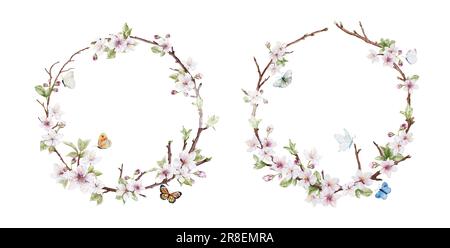 Watercolor cherry blossom wreath and butterflies. Natural round frame with sakura tree and leaves branch, vector isolated on white background. Stock Vector