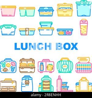 Plastic lunchbox icons vector 9 color set isolated on white background ...