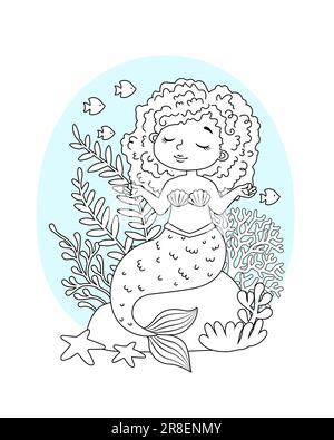 Black and white vector coloring for children. Illustration of beautiful girl mermaid Stock Vector