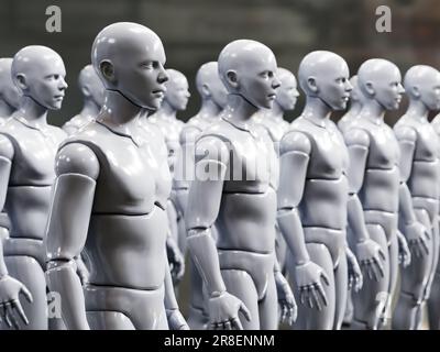 3D rendering of white android robots standing in a row Stock Photo